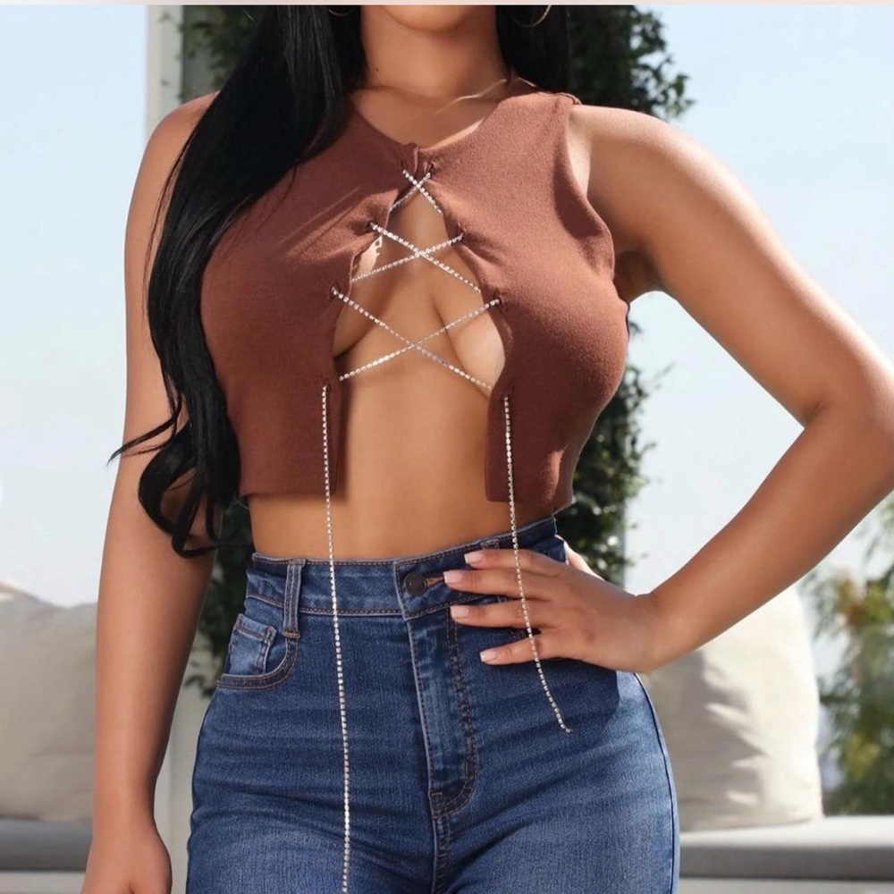 Fashion Nova Brown Lace-Up Crop Top
